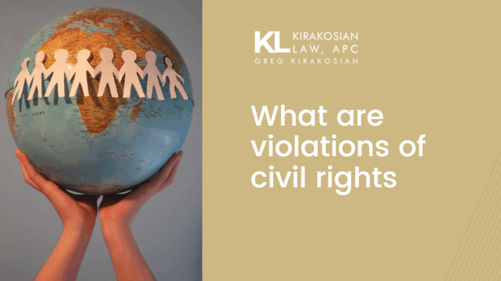 Hands holding a globe with a paper chain of people around it, next to the text “What are violations of civil rights?” representing global unity and the importance of civil rights protections.