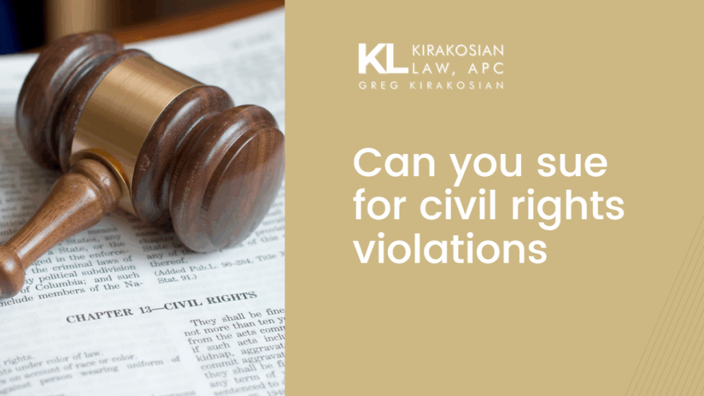 Wooden gavel resting on a legal book open to Chapter 13 – Civil Rights, next to the text “Can you sue for civil rights violations,” representing legal recourse for civil rights abuse.