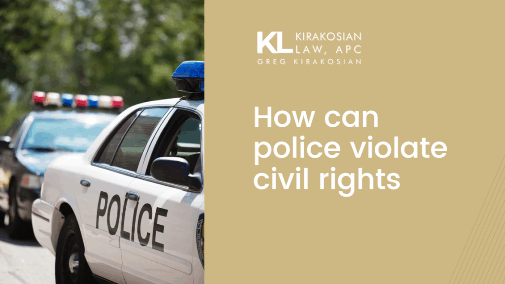 Police cars with flashing lights alongside the title “How can police violate civil rights,” representing concerns about law enforcement misconduct and civil rights violations